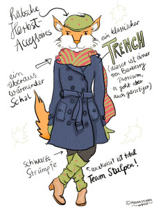 Ein Fuchs trägt einen blauen Trenchcoat und Stulpen