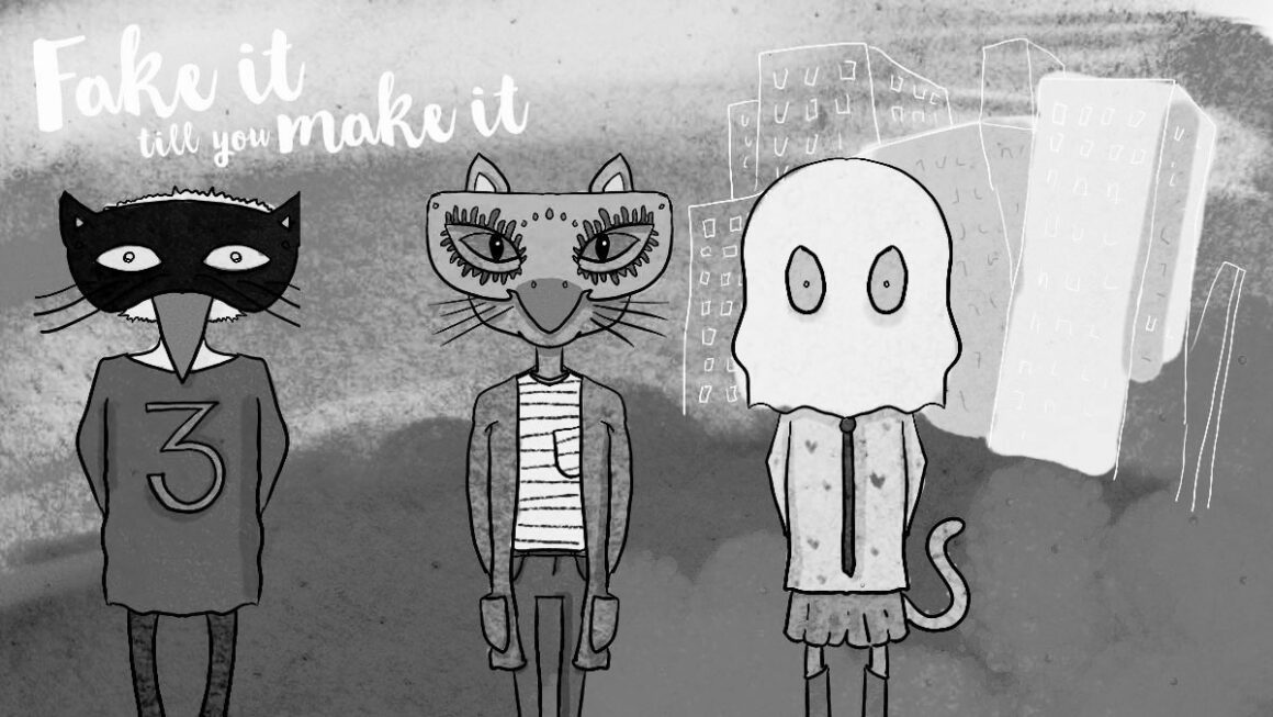 Drei teilweise erkennbare Tierfiguren, die vorgeben, jemand anderes zu sein: Ein Vogel mit einer Katzenmaske; eine Katze mit einer Vogelmaske und schließlich ein unerkennbares Tier mit Schwanz, dessen Gesicht komplett hinter einer Maske verschwindet.