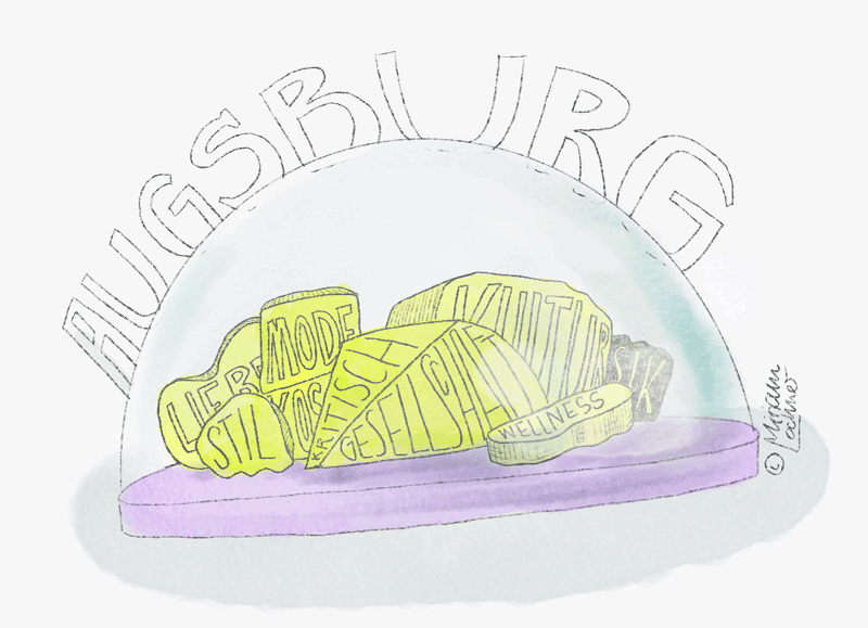 Animation einer Käseglocke, wo die Käsestückchen mit Lifestyle-Begriffen beschriftet sind. Auf der Käseglocke wechseln sich die begriffe "Spiritualität" und "Augsburg" ab